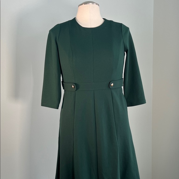 London Times Petites Emerald Green Crew Neck 3/4 Long Sleeve A-Line Midi Dress 6 - Picture 2 of 11